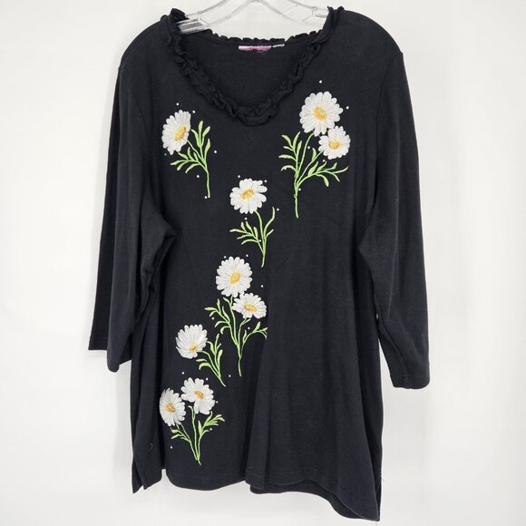 Black Daisy Embroidered Shirt Womens Large Floral Beaded 3/4 Sleeve Tunic Top - Picture 1 of 9